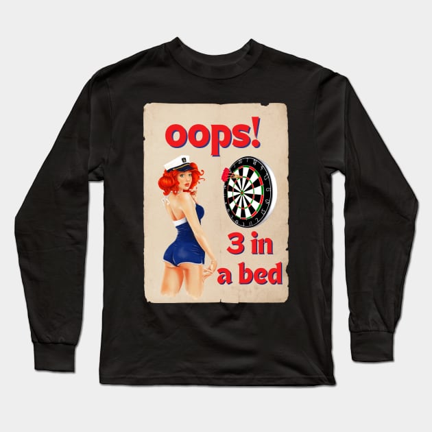 oops 3 in a bed vintage pinup girl darts Long Sleeve T-Shirt by Darts Tees Emporium